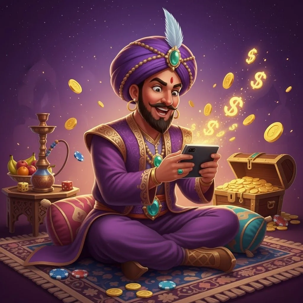 An animated scene featuring a joyful man dressed in a purple regal outfit with a jeweled turban, holding cards and sitting at a table covered with poker chips and dice. A treasure chest filled with gold coins and gems is beside him, with an oil lamp glowing and coins floating around in a luxurious Indian palace setting.
