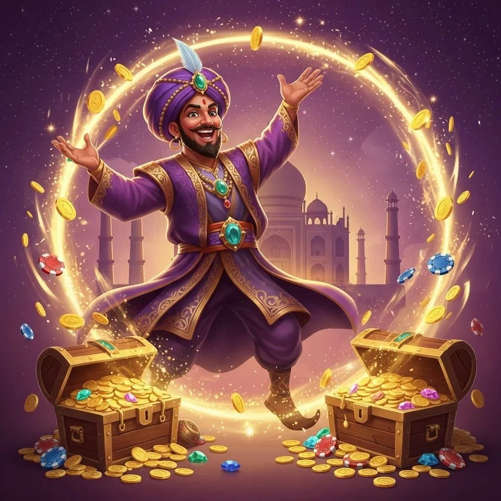 A vibrant illustration of a cheerful man in a purple turban and ornate robe, standing triumphantly with arms raised, surrounded by a glowing ring of golden coins and casino chips. Two treasure chests overflowing with gold and jewels sit at his feet, with the Taj Mahal faintly visible in the background under a starry purple sky